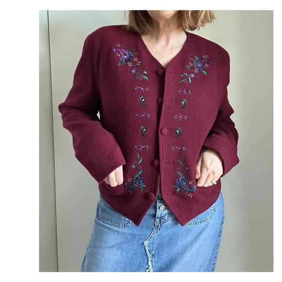 Vintage 90s Liz Wear Wool Jacket Burgundy Wine Red Classic Embroidery Boho - Picture 9 of 11